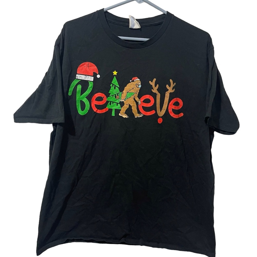 Holiday Shirt Men XL Black Cotton Port & Company Believe Lightweight Casual Tee